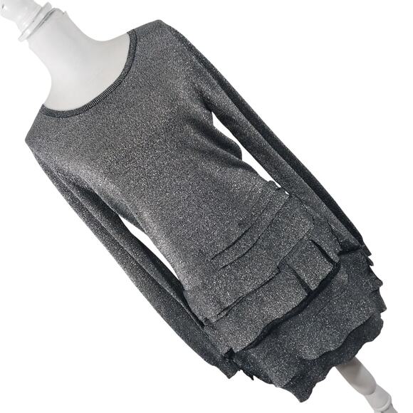 BCBGMAXAZRIA! BLACK & SILVER KNIT, LONG SLEEVE, RANDOM TIERED DRESS! SZ M - Picture 8 of 8